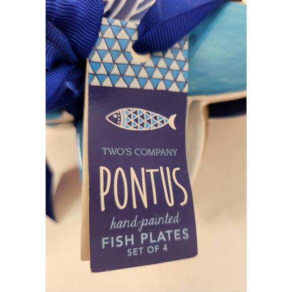 Two’s Company Pontus Hand-Painted Fish Plates Set of 4 – Coastal Blue Ceramic - Picture 6 of 6